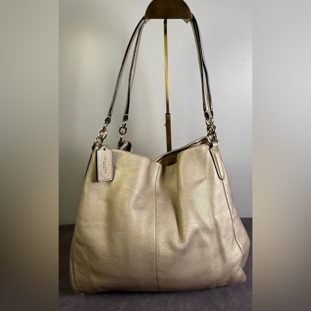 Coach Madison Phoebe shoulder tote bag pebbled leather metallic light gold EUC - Picture 2 of 16